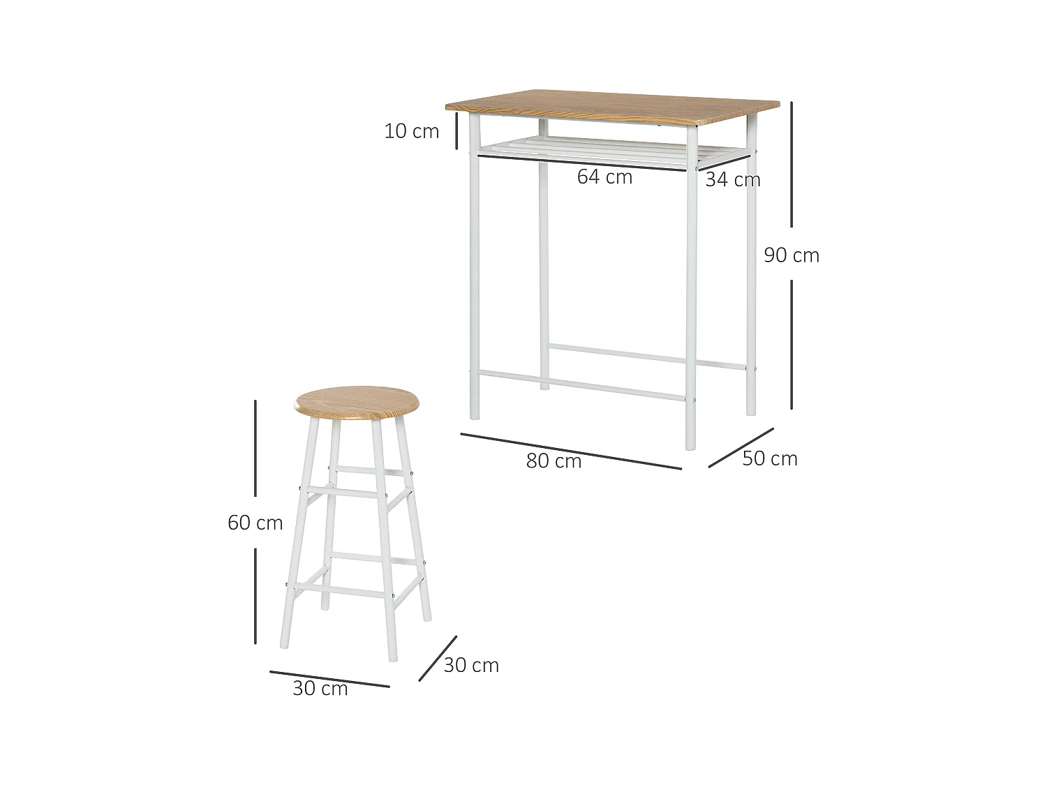Ensemble de table de bar avec 2 tabourets, design industriel, MDF, métal, blanc et chêne (80x50x90 cm)