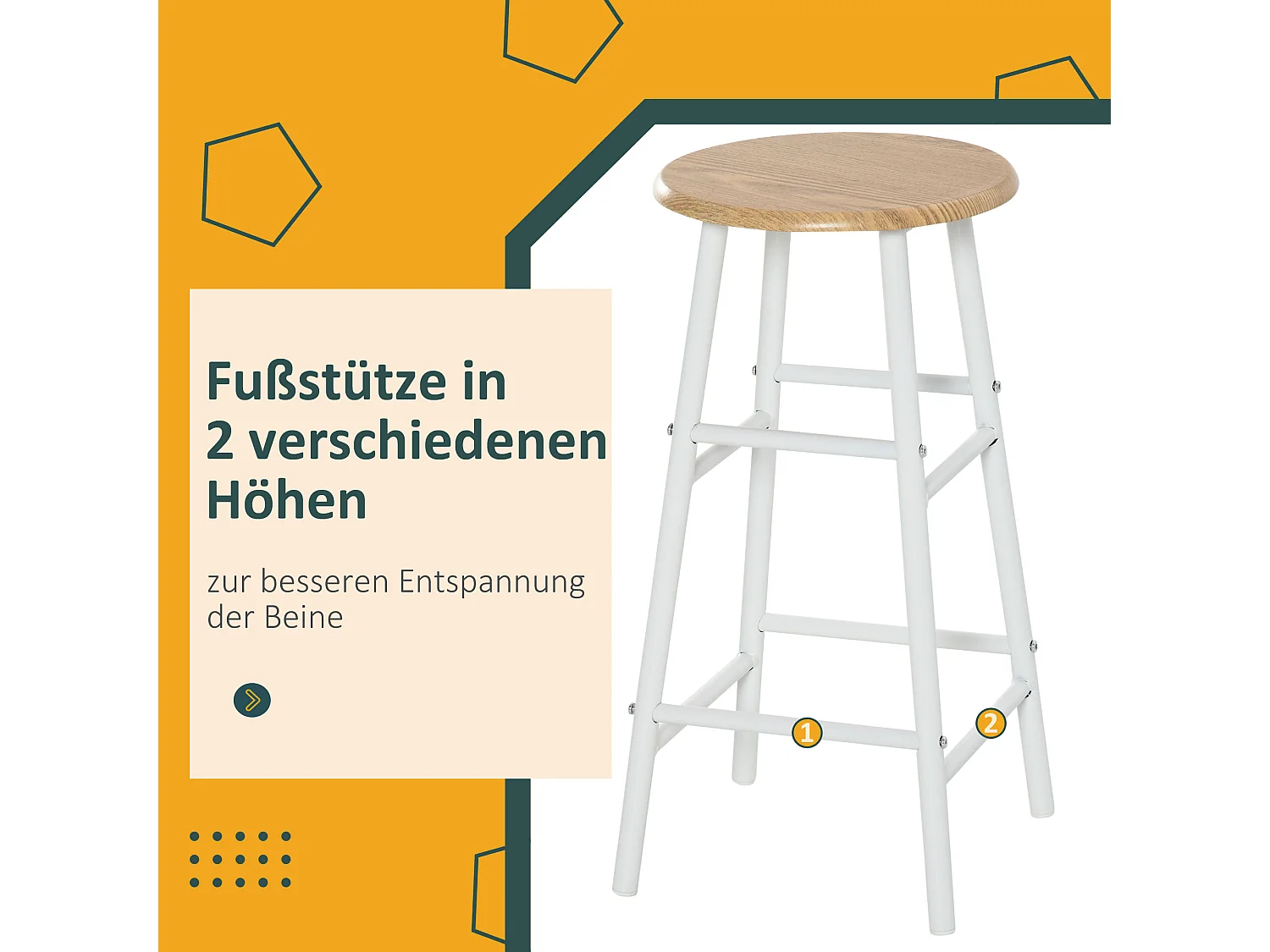 Ensemble de table de bar avec 2 tabourets, design industriel, MDF, métal, blanc et chêne (80x50x90 cm)