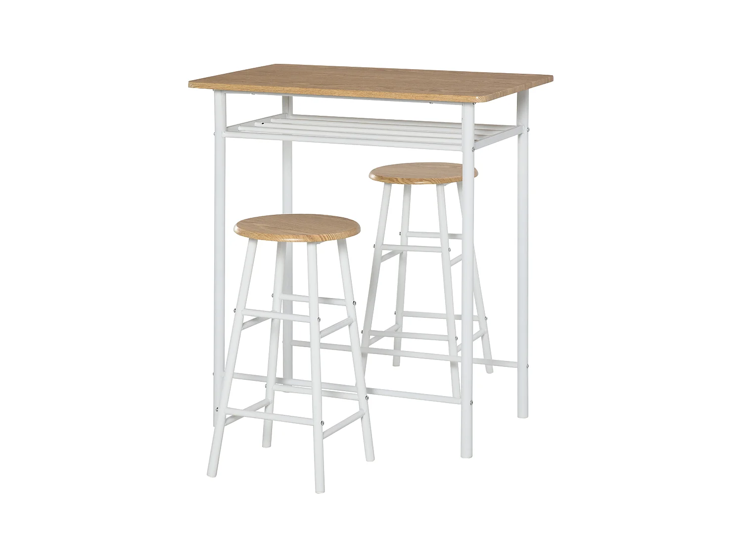Bartafelset met 2 krukken, industrieel design, MDF, metaal, wit en eiken (80x50x90 cm)