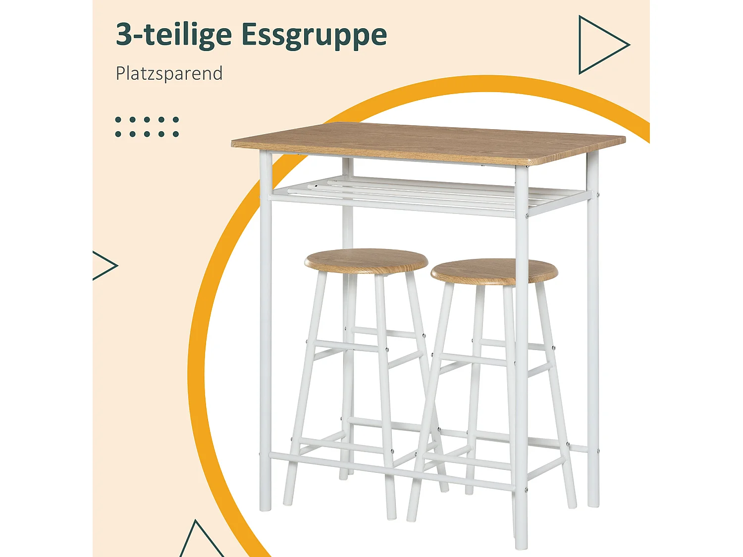 Ensemble de table de bar avec 2 tabourets, design industriel, MDF, métal, blanc et chêne (80x50x90 cm)