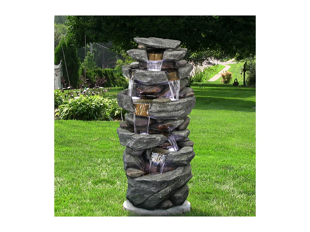 Fontaine de jardin avec éclairage LED, design élégant, polyrésine, gris (50x36x103cm)