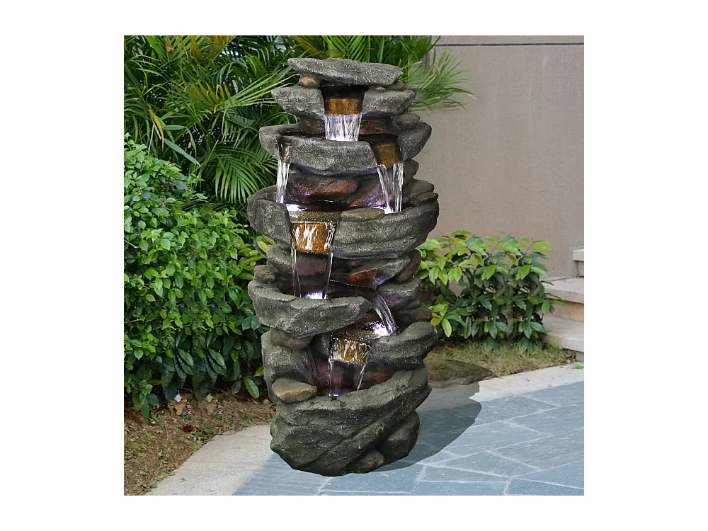 Fontaine de jardin avec éclairage LED, design élégant, polyrésine, gris (50x36x103cm)