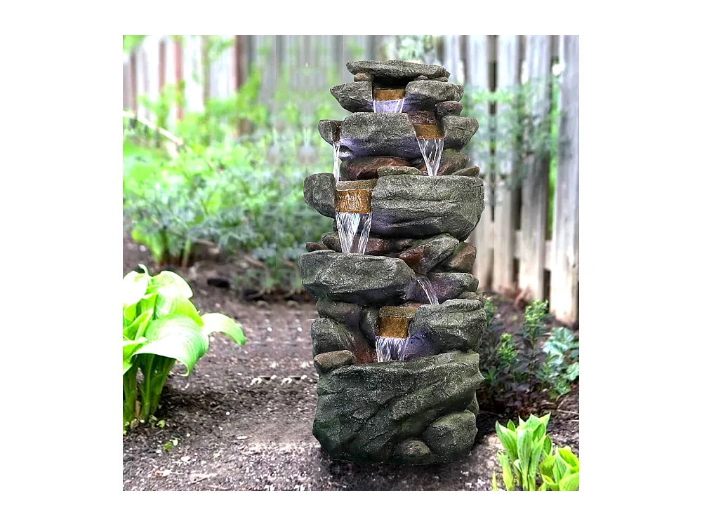 Fontaine de jardin avec éclairage LED, design élégant, polyrésine, gris (50x36x103cm)