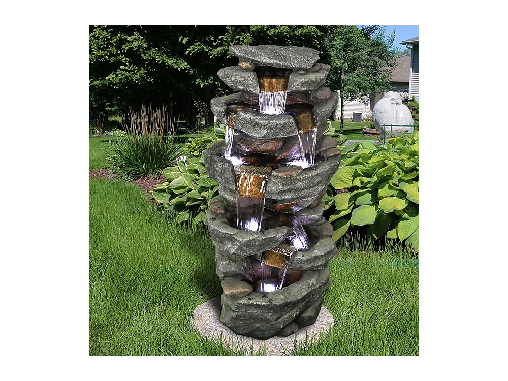 Fontaine de jardin avec éclairage LED, design élégant, polyrésine, gris (50x36x103cm)