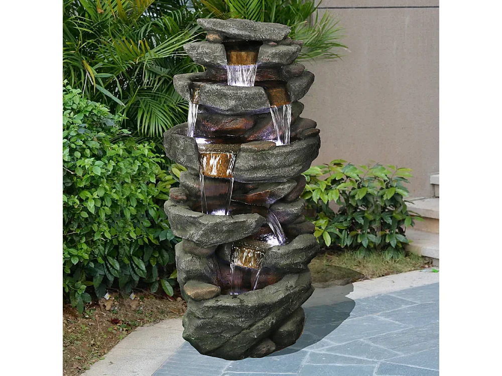 Fontaine de jardin avec éclairage LED, design élégant, polyrésine, gris (50x36x103cm)