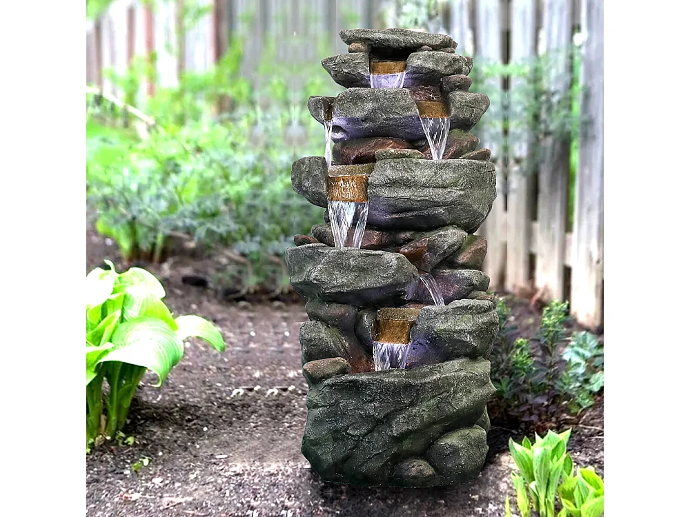 Fontaine de jardin avec éclairage LED, design élégant, polyrésine, gris (50x36x103cm)