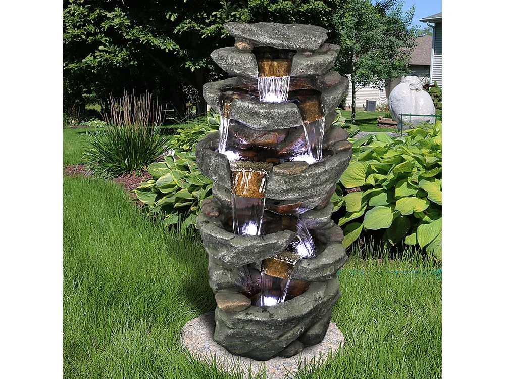 Fontaine de jardin avec éclairage LED, design élégant, polyrésine, gris (50x36x103cm)