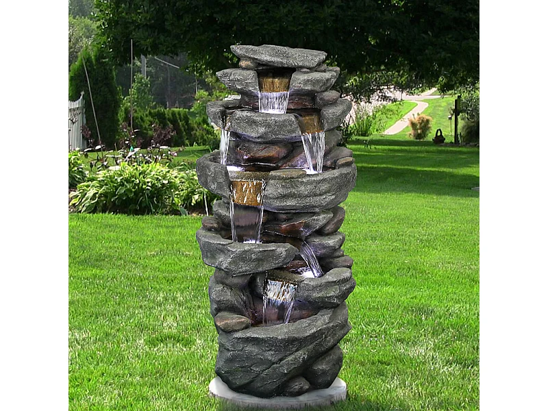 Fontaine de jardin avec éclairage LED, design élégant, polyrésine, gris (50x36x103cm)