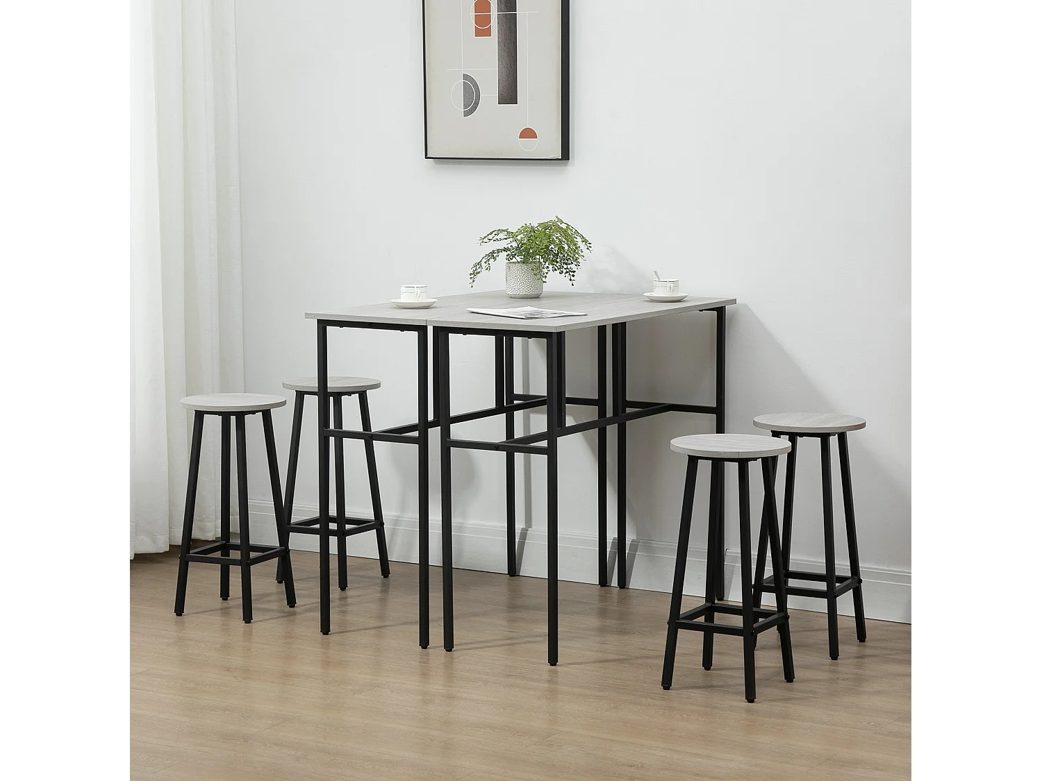 Bartafelset met 2 tafels en 4 krukken, industrieel design, hout en staal, grijs en zwart (100x40x90 cm)