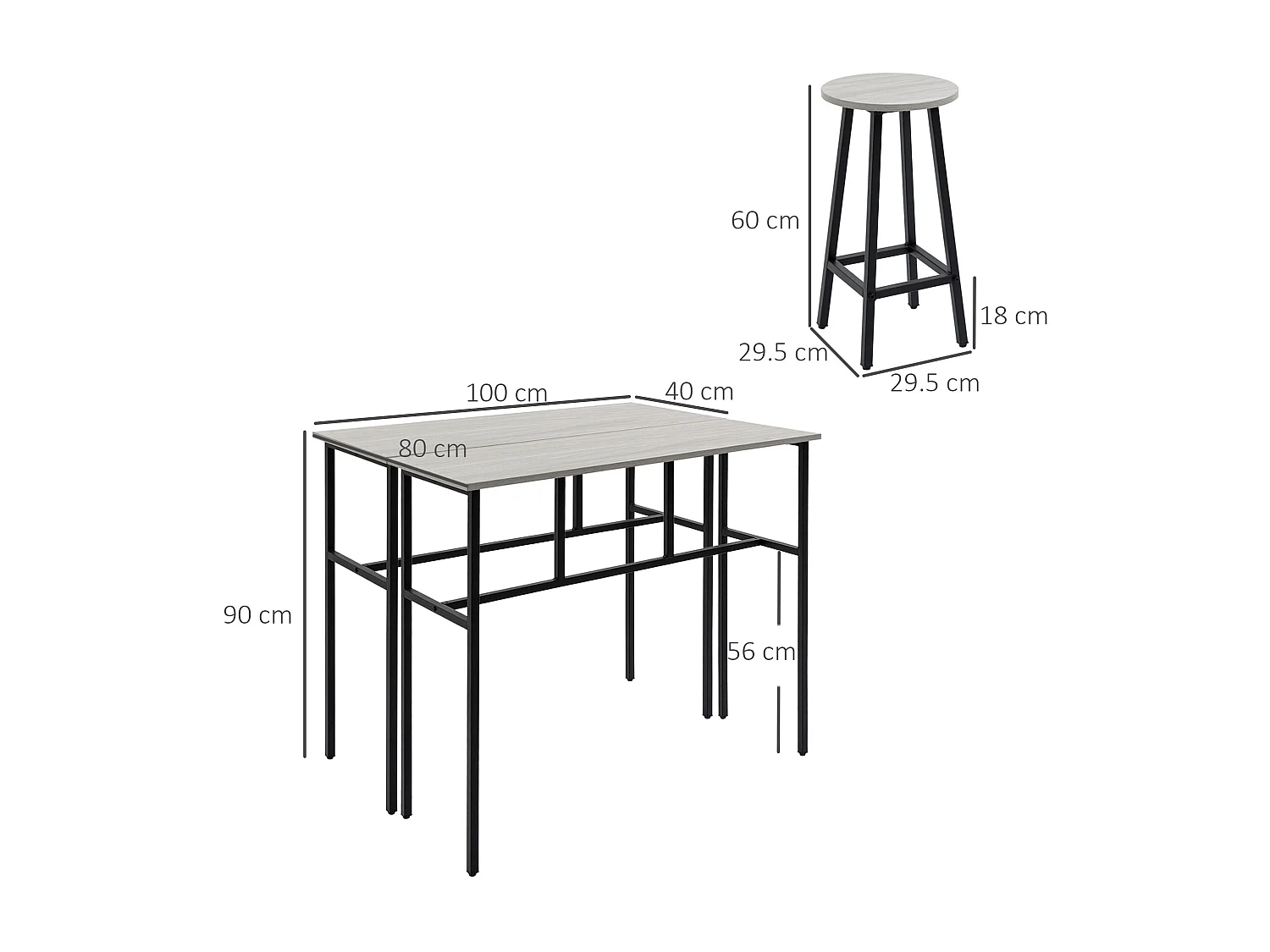 Bartafelset met 2 tafels en 4 krukken, industrieel design, hout en staal, grijs en zwart (100x40x90 cm)