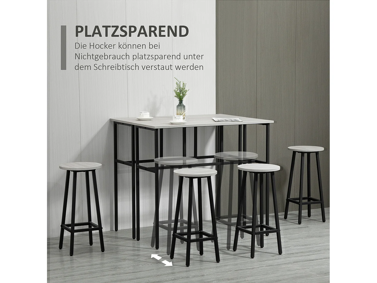 Bartafelset met 2 tafels en 4 krukken, industrieel design, hout en staal, grijs en zwart (100x40x90 cm)