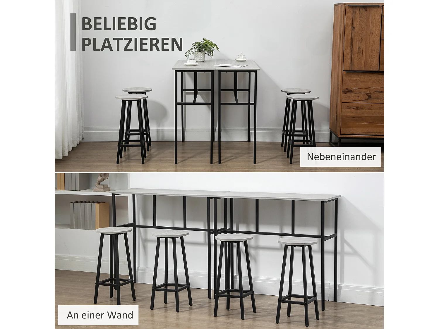 Bartafelset met 2 tafels en 4 krukken, industrieel design, hout en staal, grijs en zwart (100x40x90 cm)