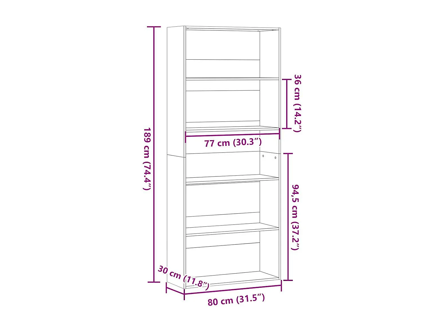 Bücherregal aus Sonoma-Eiche, 80 x 30 x 189 cm, Holzwerkstoff