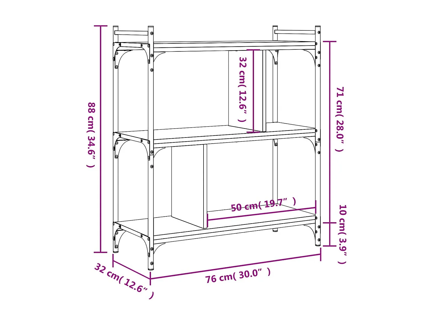 Boekenkast met 3 niveaus, bruin eiken, 76x32x88 cm, bewerkt hout