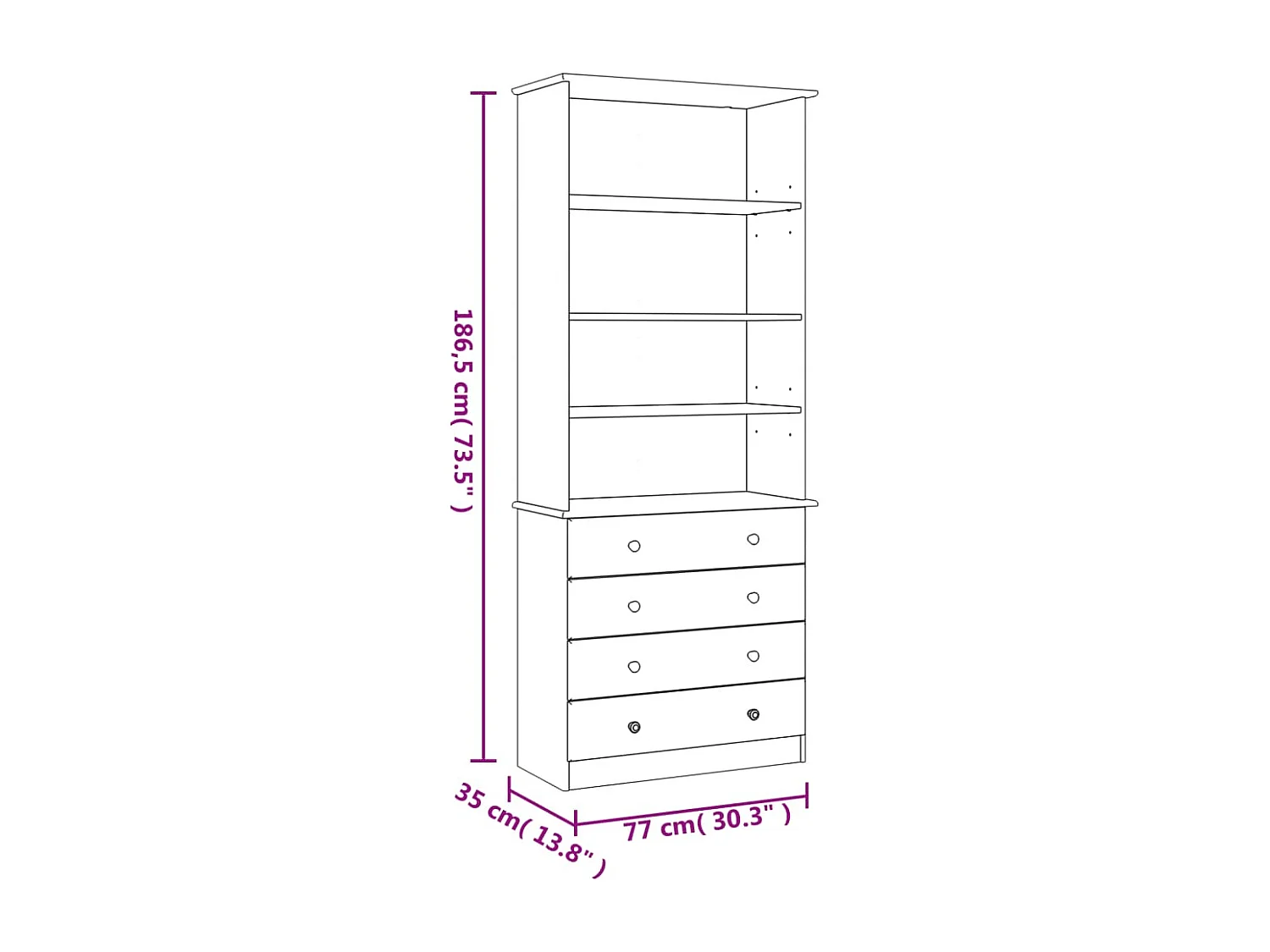 Bibliothèque tiroirs ALTA blanc 77x35x186,5cm bois massif pin
