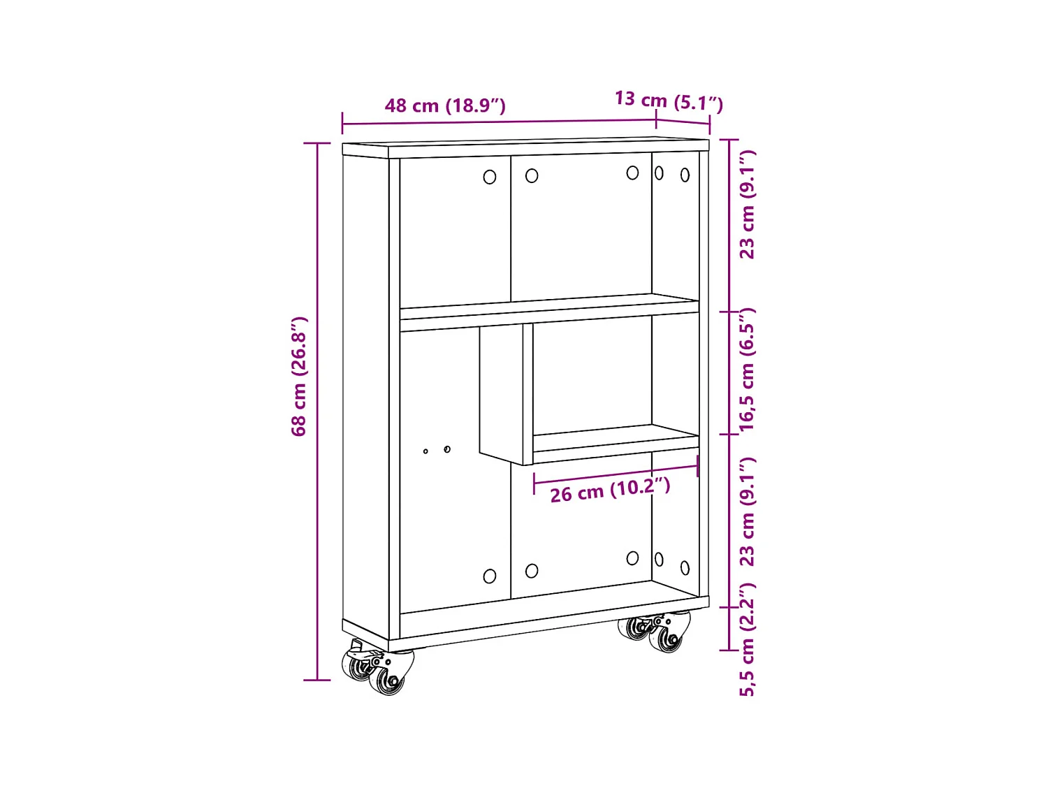 Carrello portaoggetti bianco stretto 48x13x68 cm in legno ingegnerizzato