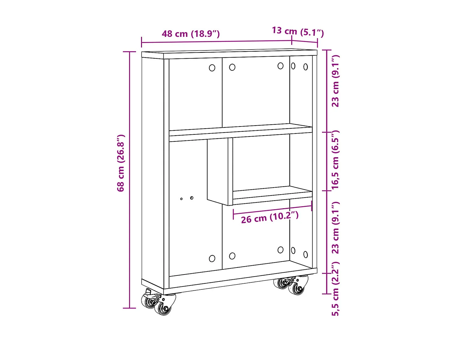 Carrello portaoggetti bianco stretto 48x13x68 cm in legno ingegnerizzato