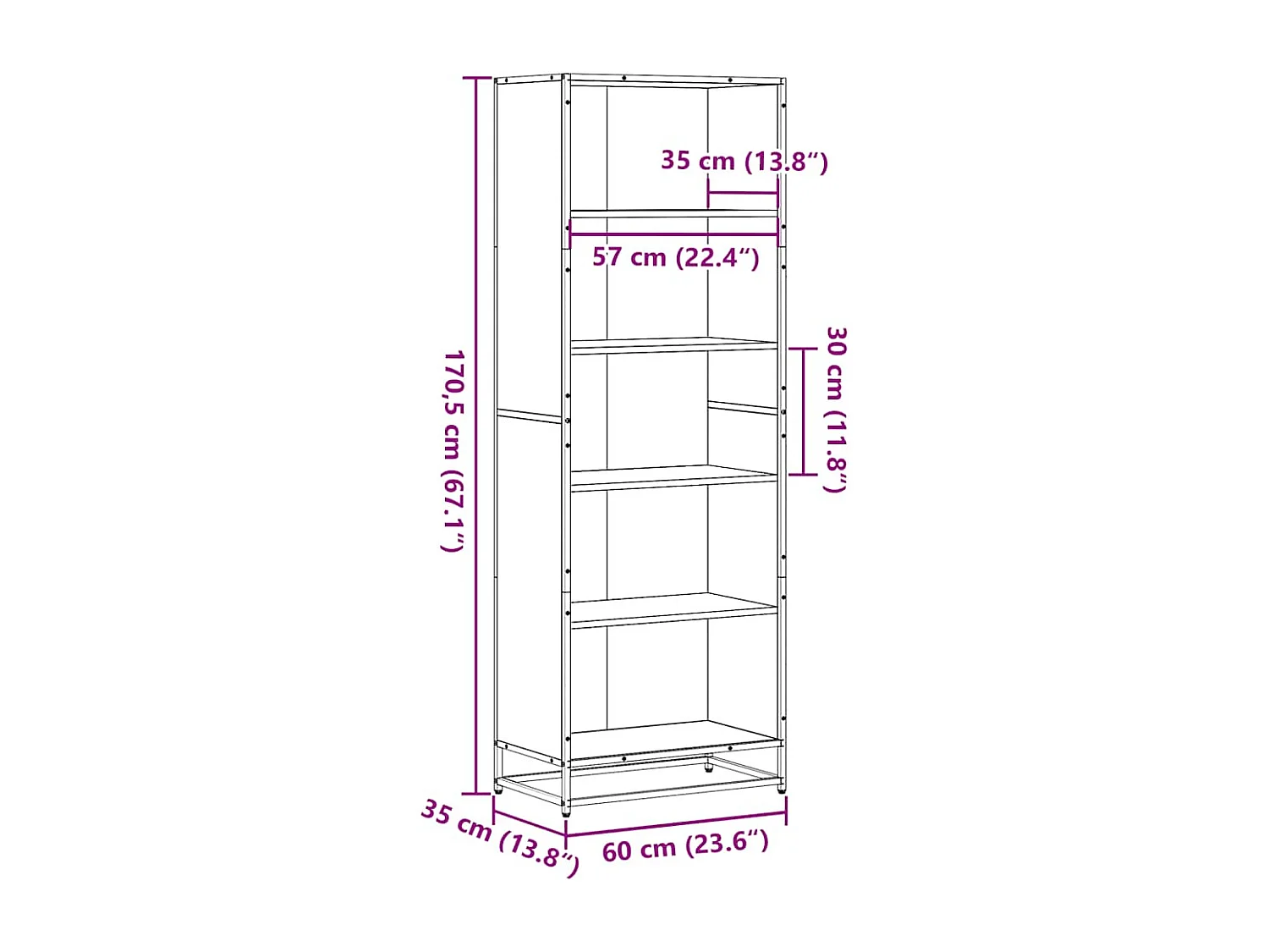 Bücherregal aus geräucherter Eiche, 60 x 35 x 170,5 cm, Holzwerkstoff