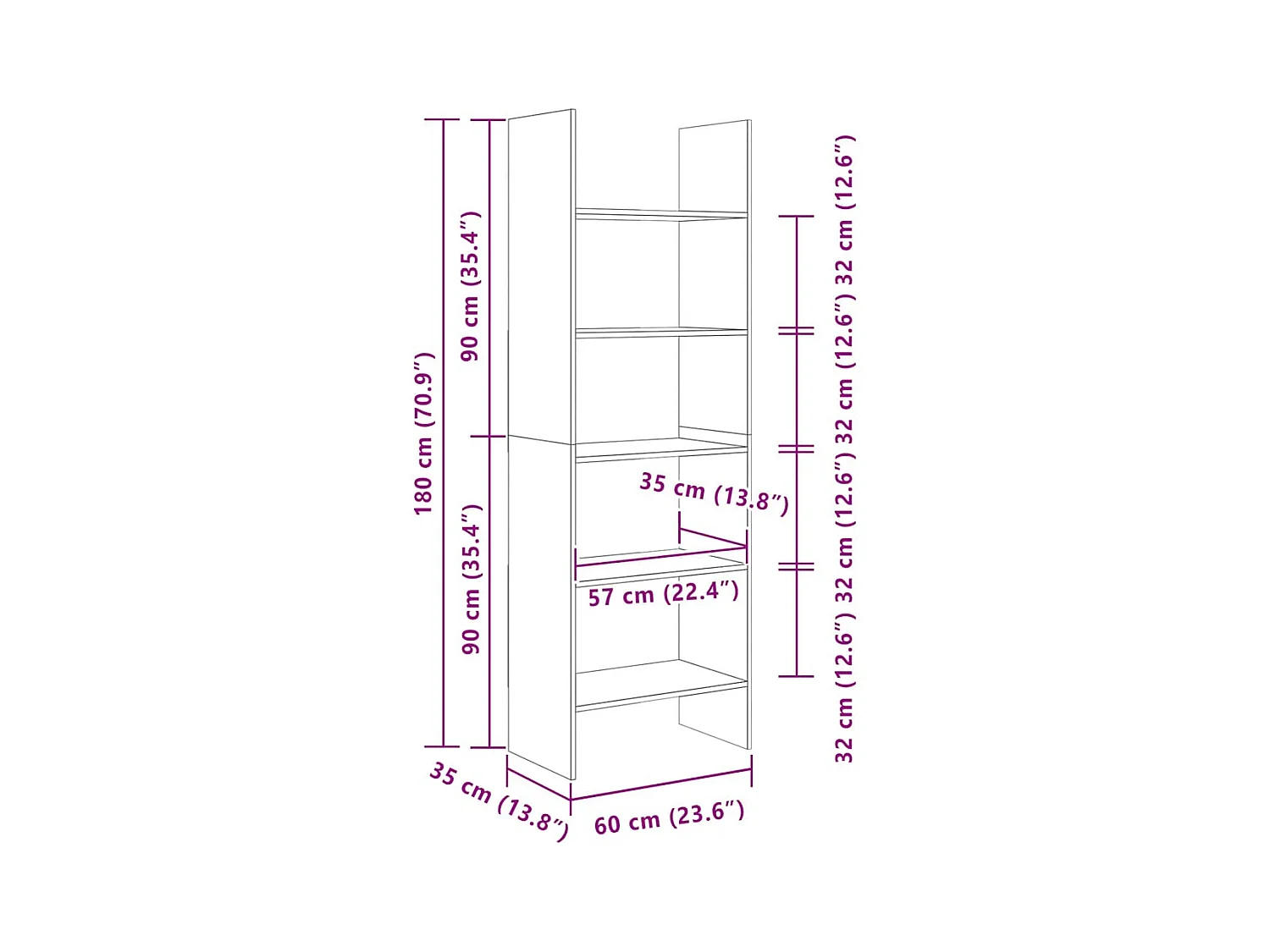 Libreria bianca 60x35x180 cm in legno ingegnerizzato