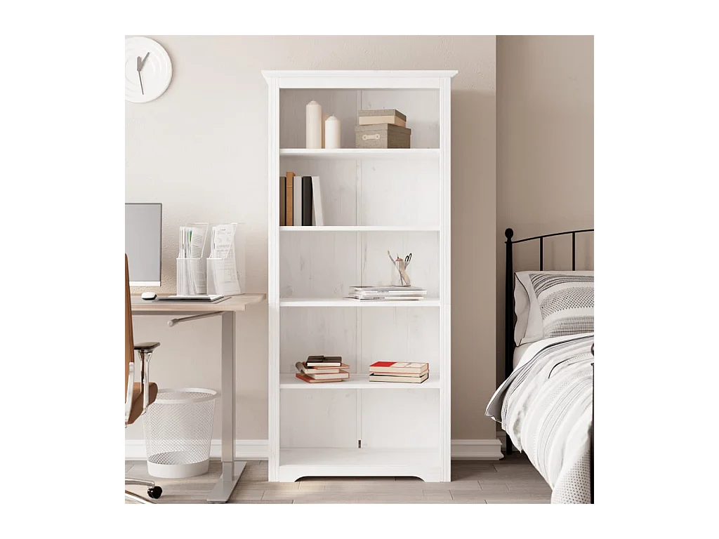 Bibliothèque BODO blanc 82x40x173 cm bois pin massif 5 niveaux