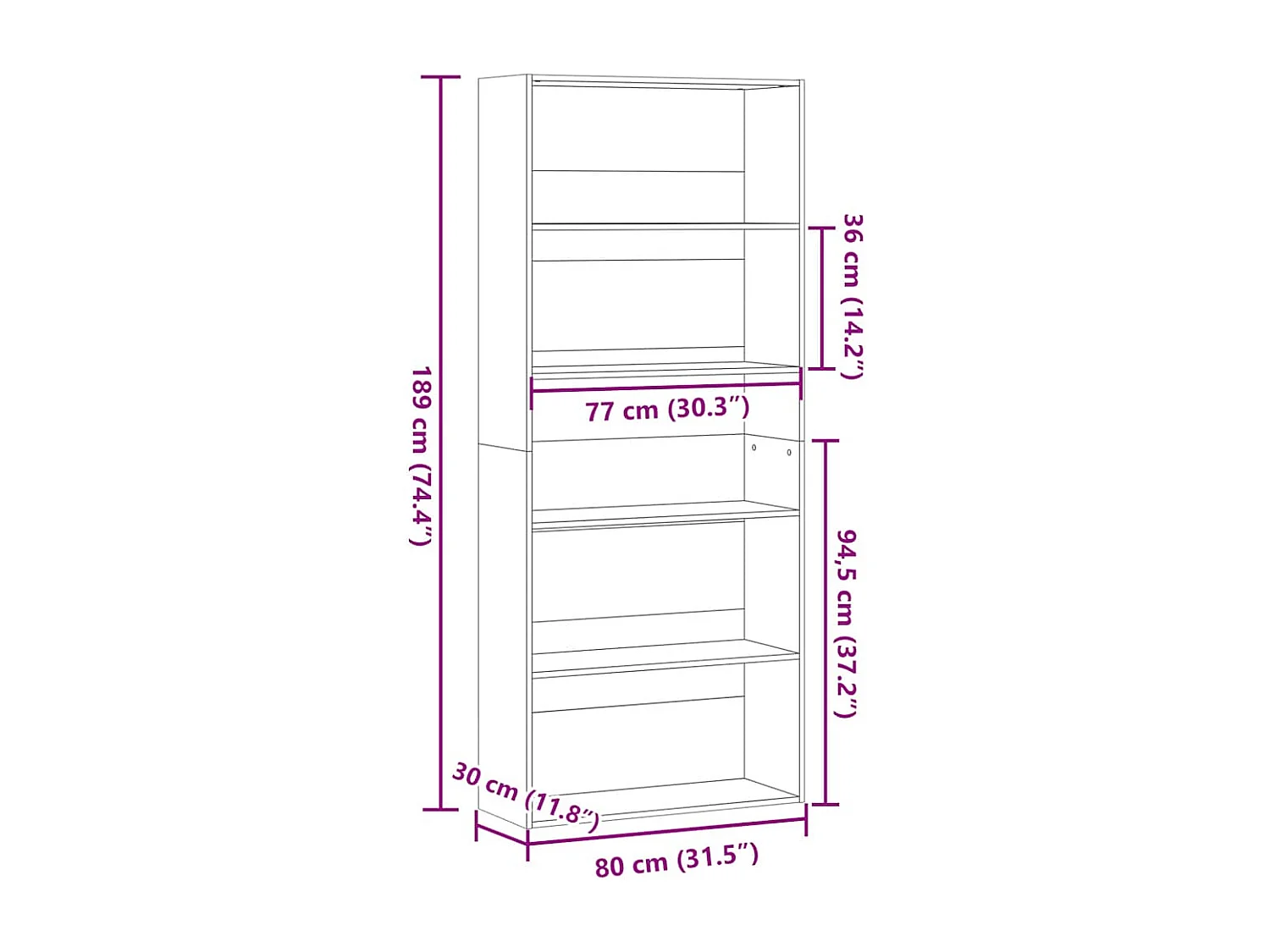 Handgemaakte eikenhouten boekenkast 80x30x189 cm bewerkt hout