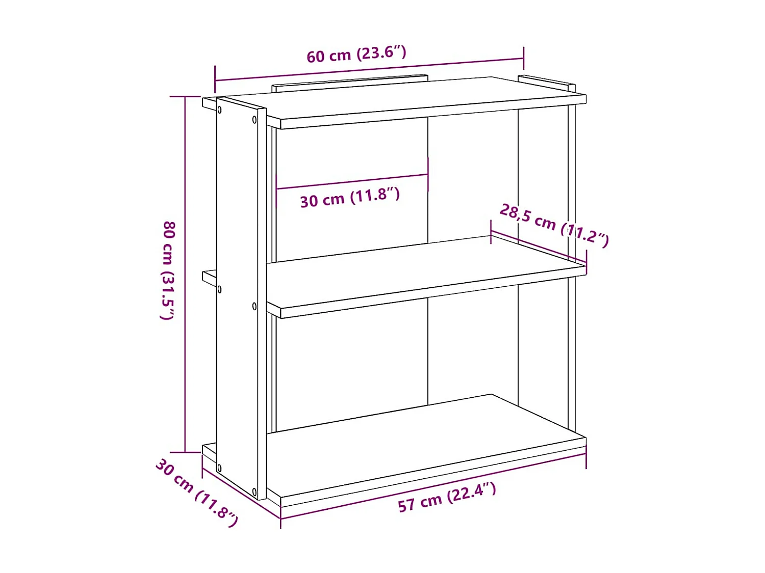 3-laags boekenkast zwart 60x30x80 cm bewerkt hout