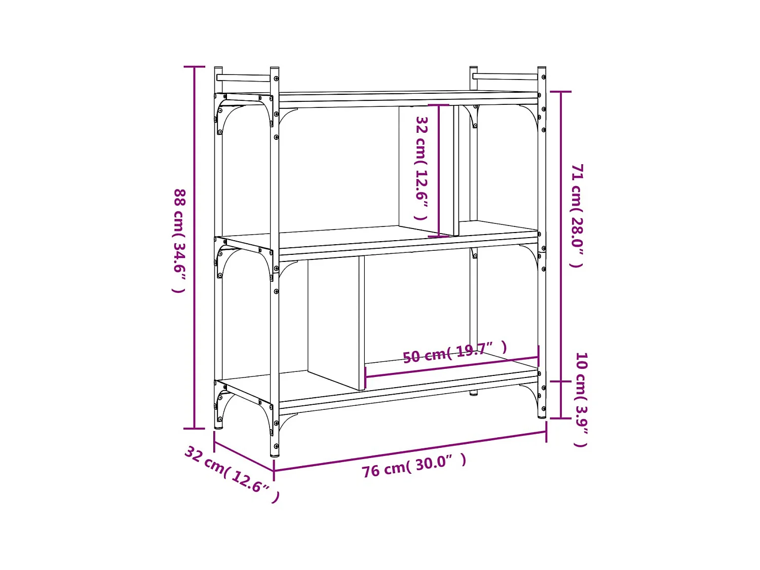 Bibliothèque à 3 niveaux noir 76x32x88 cm bois d'ingénierie