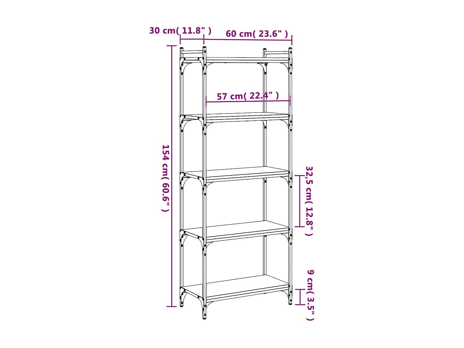 Libreria a 5 ripiani Sonoma Grey 60x30x154 cm