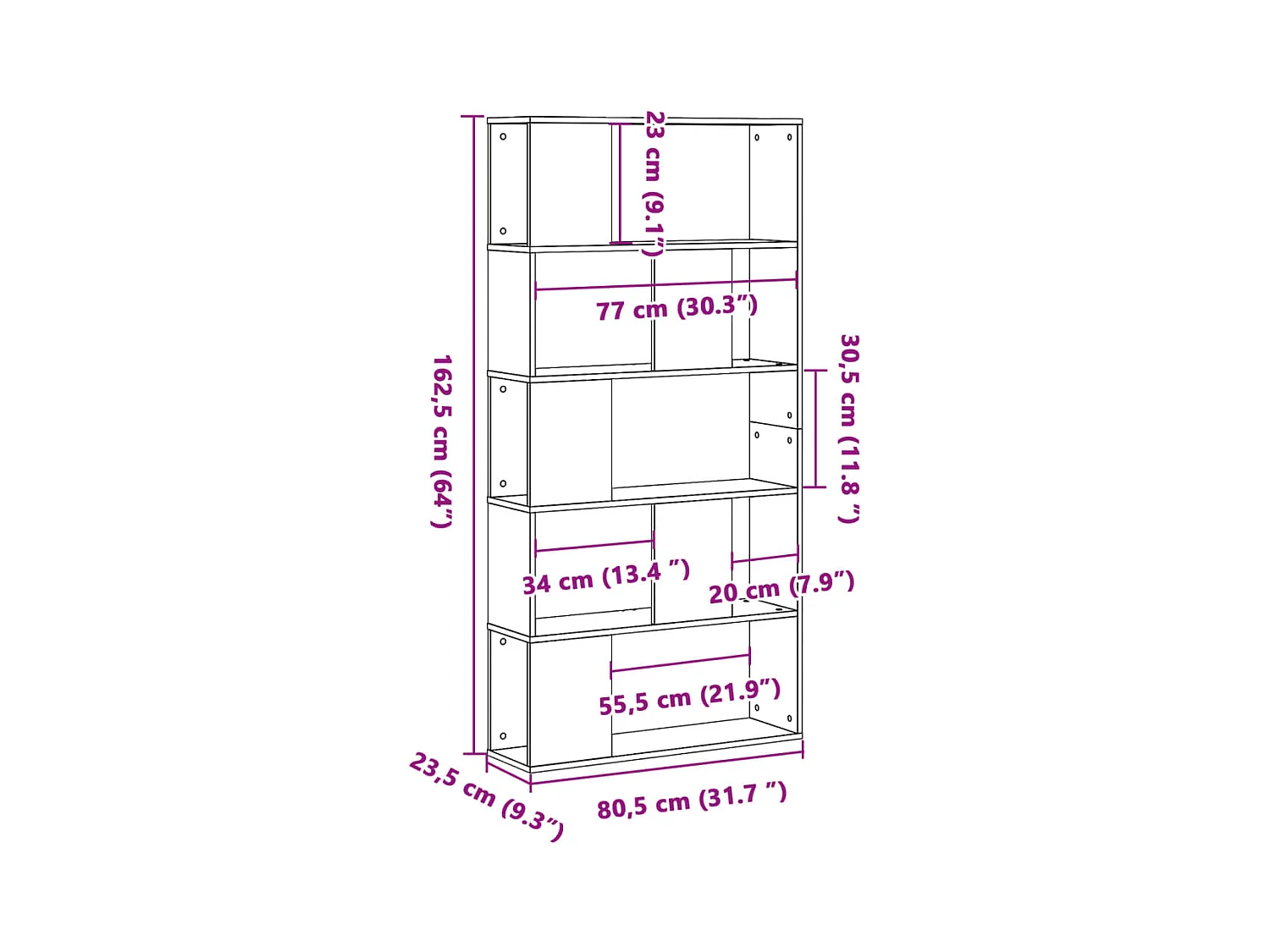 Libreria a 5 ripiani, bianca, 80,5x23,5x162,5 cm, legno ingegnerizzato