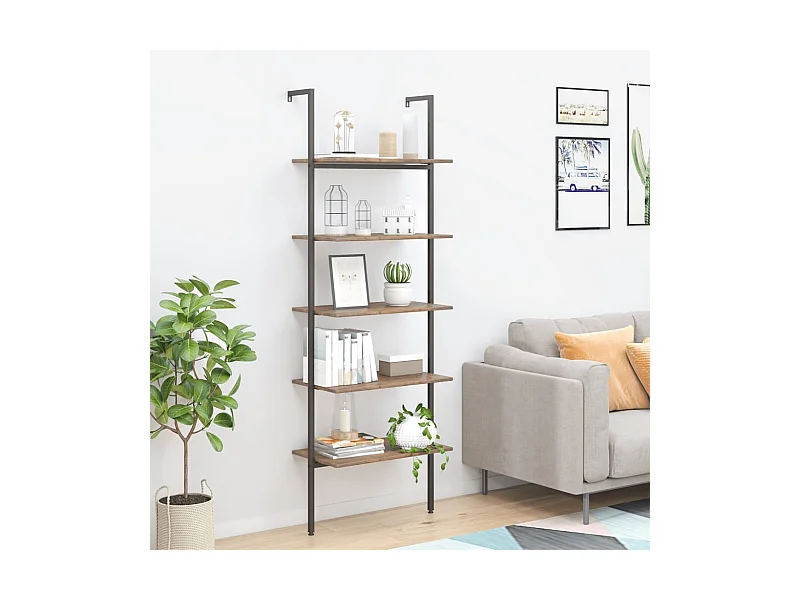 Scaffale inclinato a 5 ripiani marrone scuro e nero 64x35x185 cm