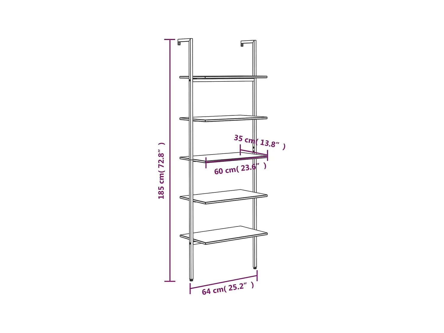 Étagère inclinée à 5 niveaux Marron foncé et noir 64x35x185 cm
