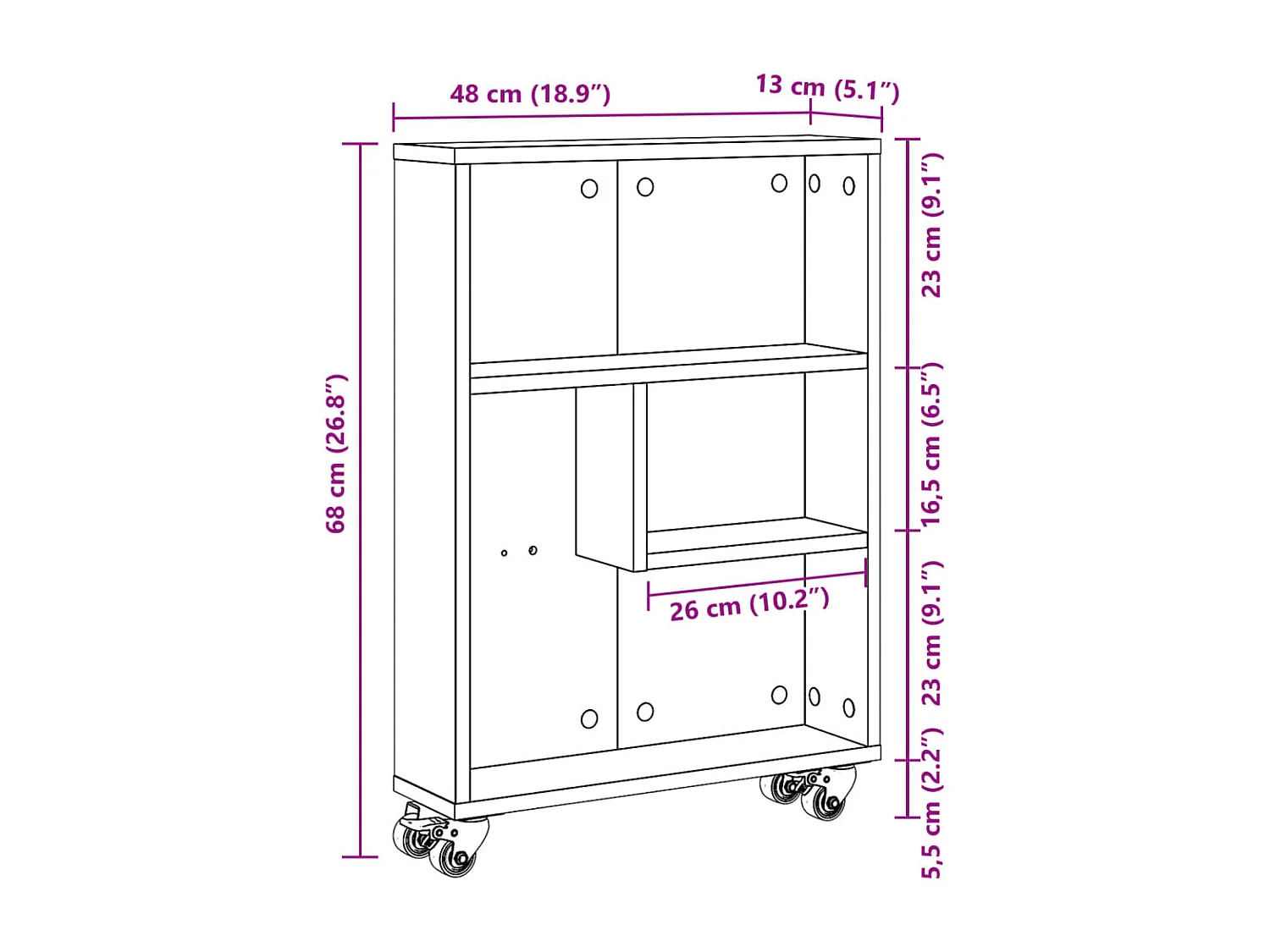 Carrello portaoggetti nero stretto 48x13x68 cm in legno ingegnerizzato