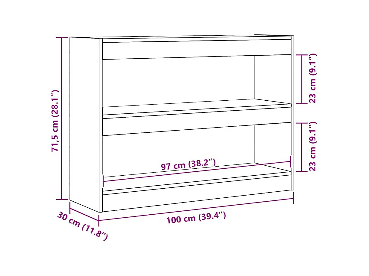 Bibliothèque/Paravent en bois vieilli, 100x30x72 cm, Fabriqué en bois reconstitué