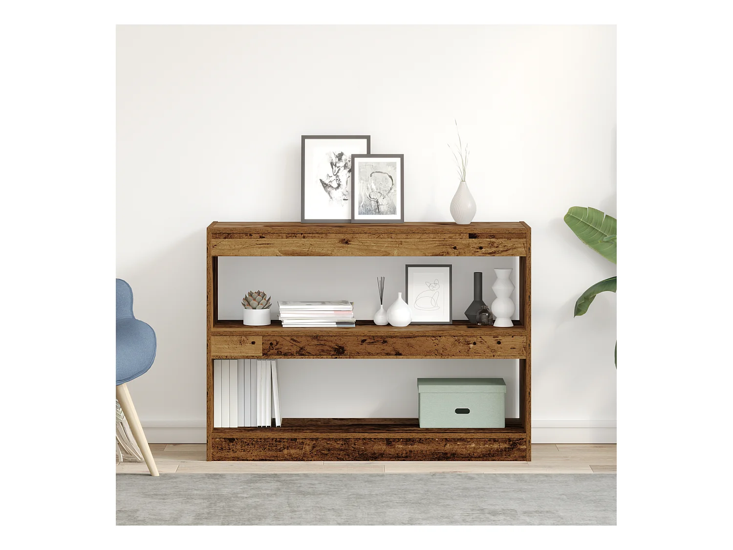 Libreria/Paravento in legno invecchiato, 100x30x72 cm, realizzata in legno ricostituito