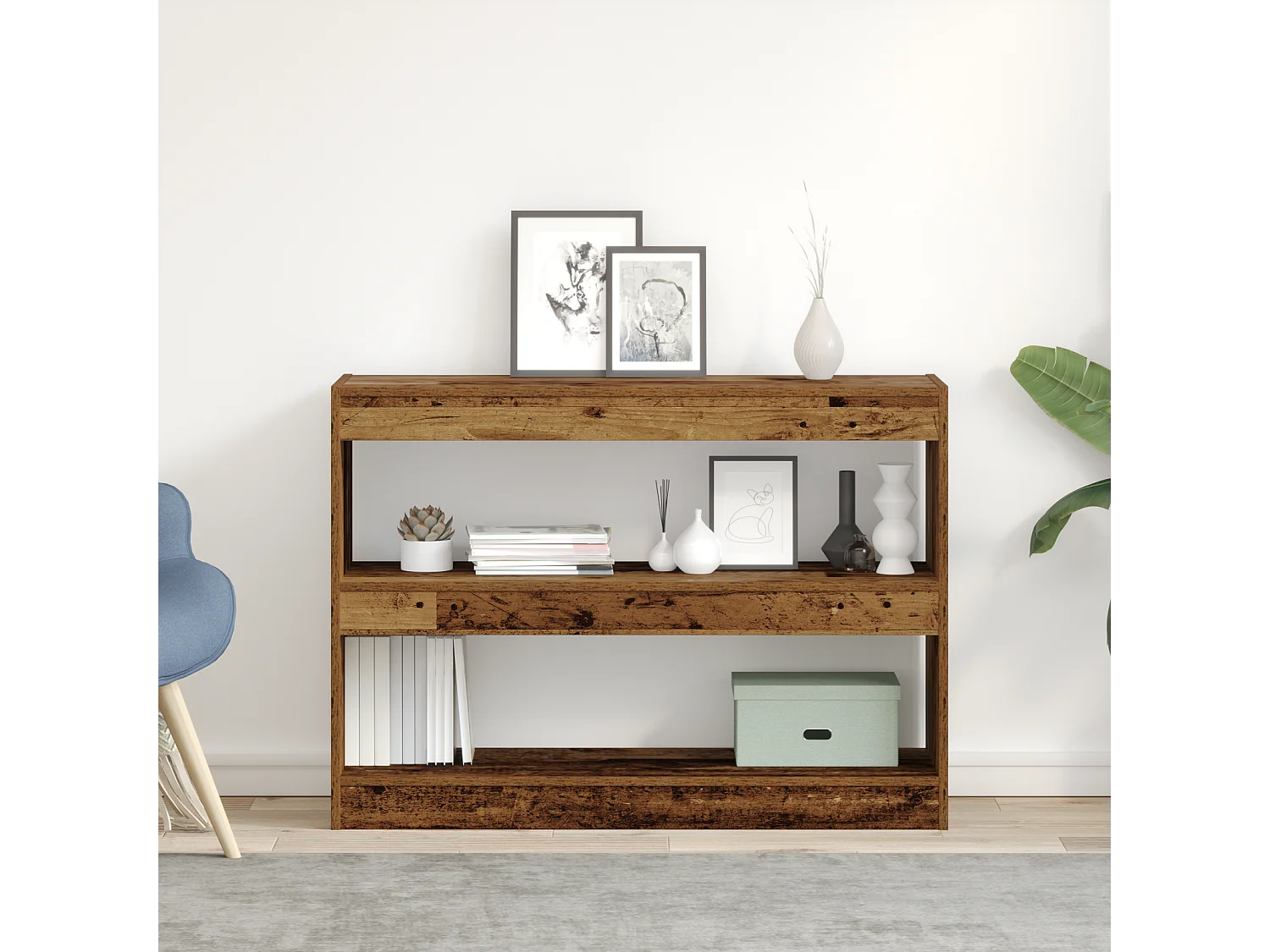 Bibliothèque/Paravent en bois vieilli, 100x30x72 cm, Fabriqué en bois reconstitué