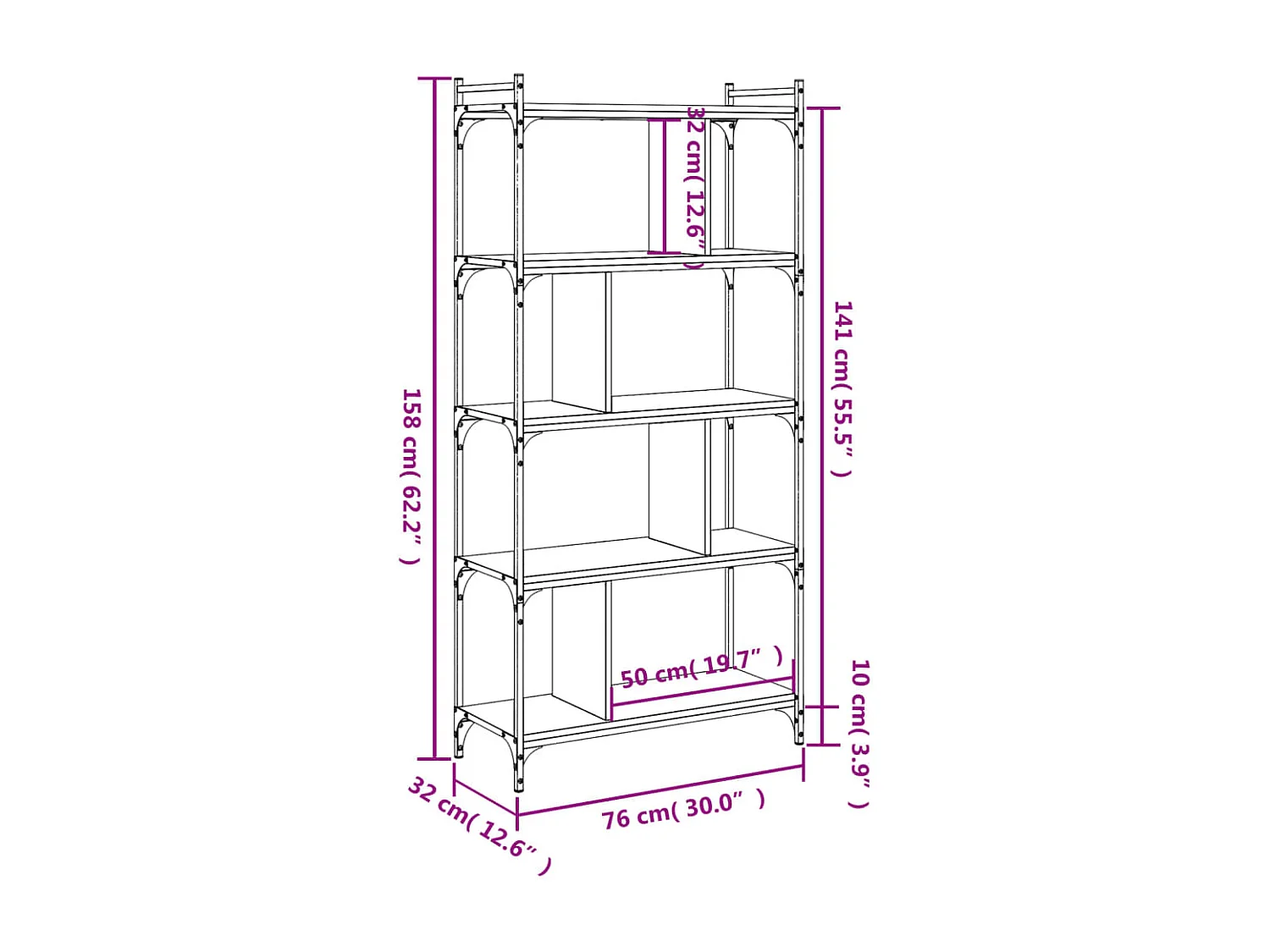 5-laags boekenkast zwart 76x32x158 cm bewerkt hout