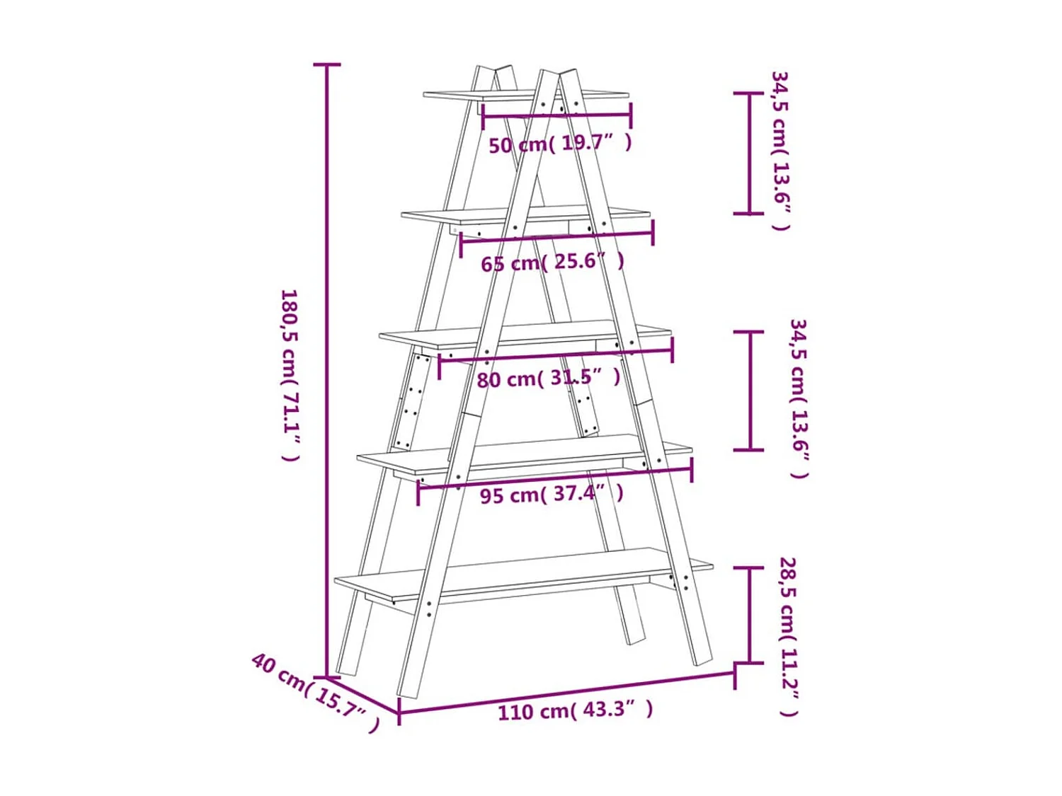 Scaffale a forma di A a 5 ripiani 110x40x180,5 cm in legno massello di pino