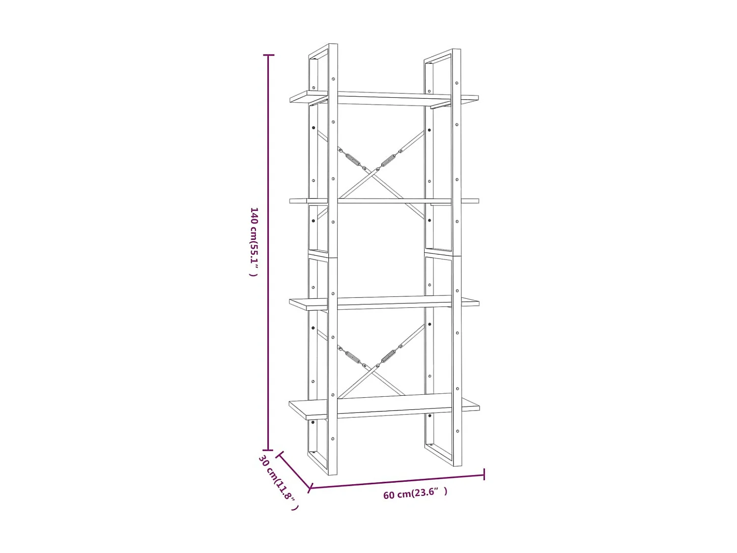 Libreria Sonoma a 4 ripiani, grigia, 60x30x140 cm