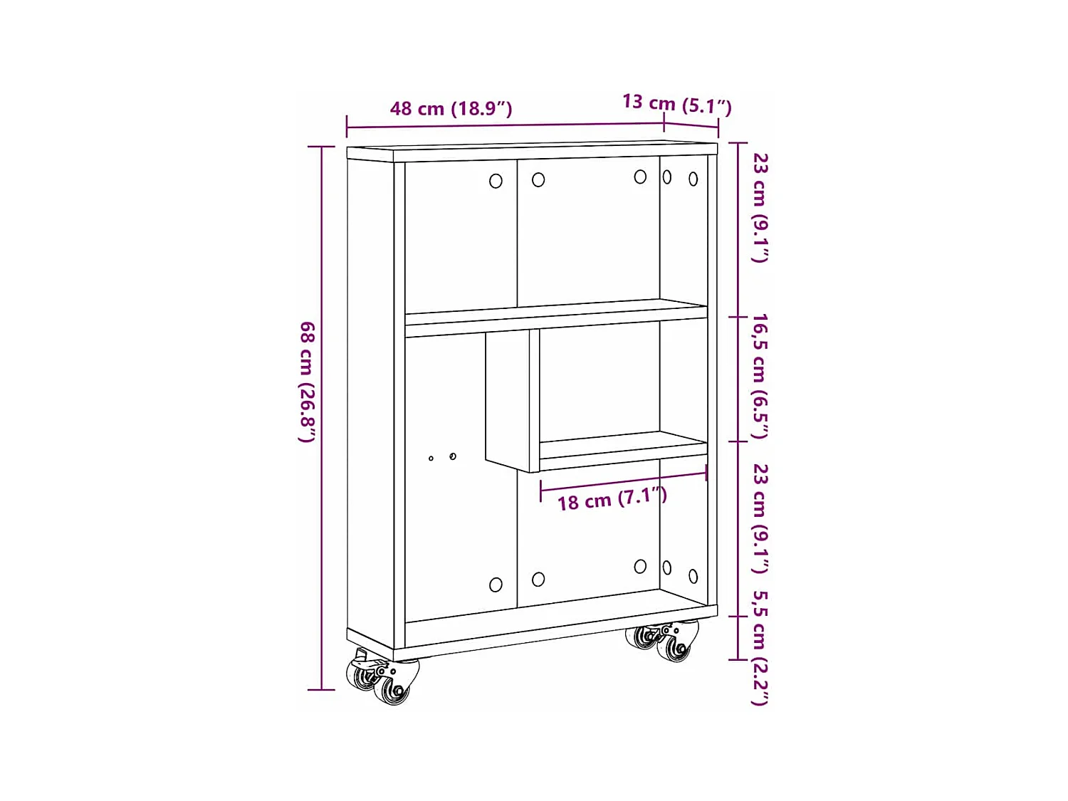 Chariot de rangement étroit Chêne noir 48x13x68 cm Bois d'ingénierie