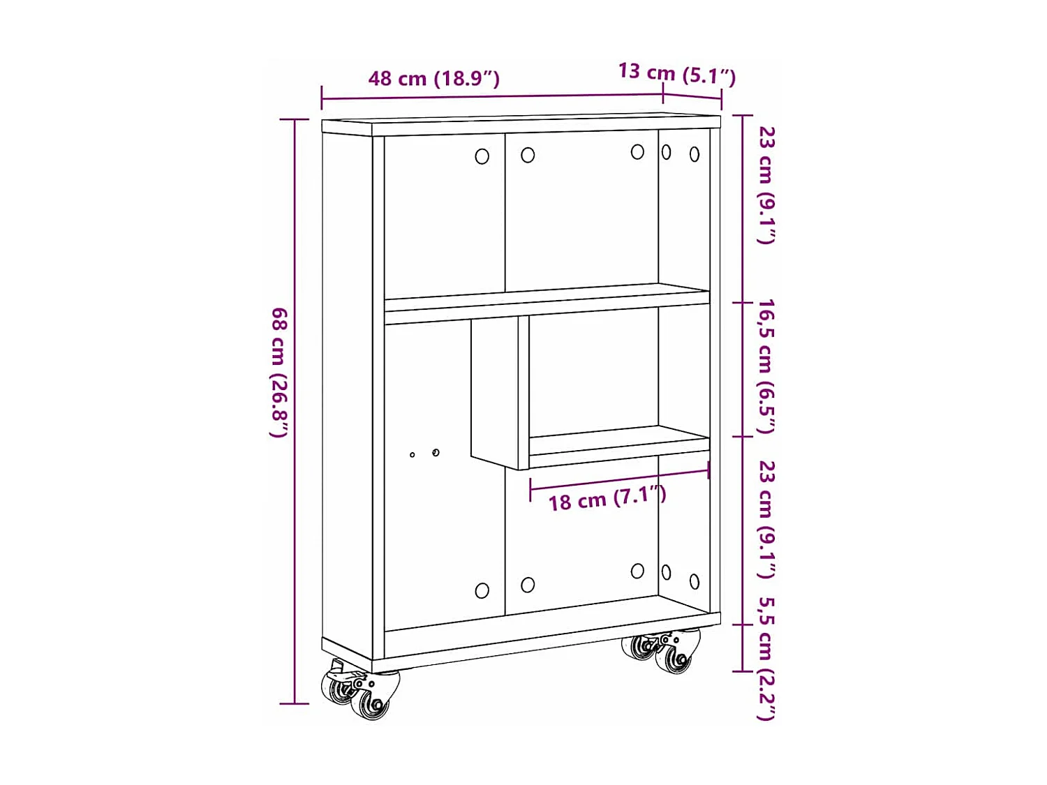 Chariot de rangement étroit Chêne noir 48x13x68 cm Bois d'ingénierie
