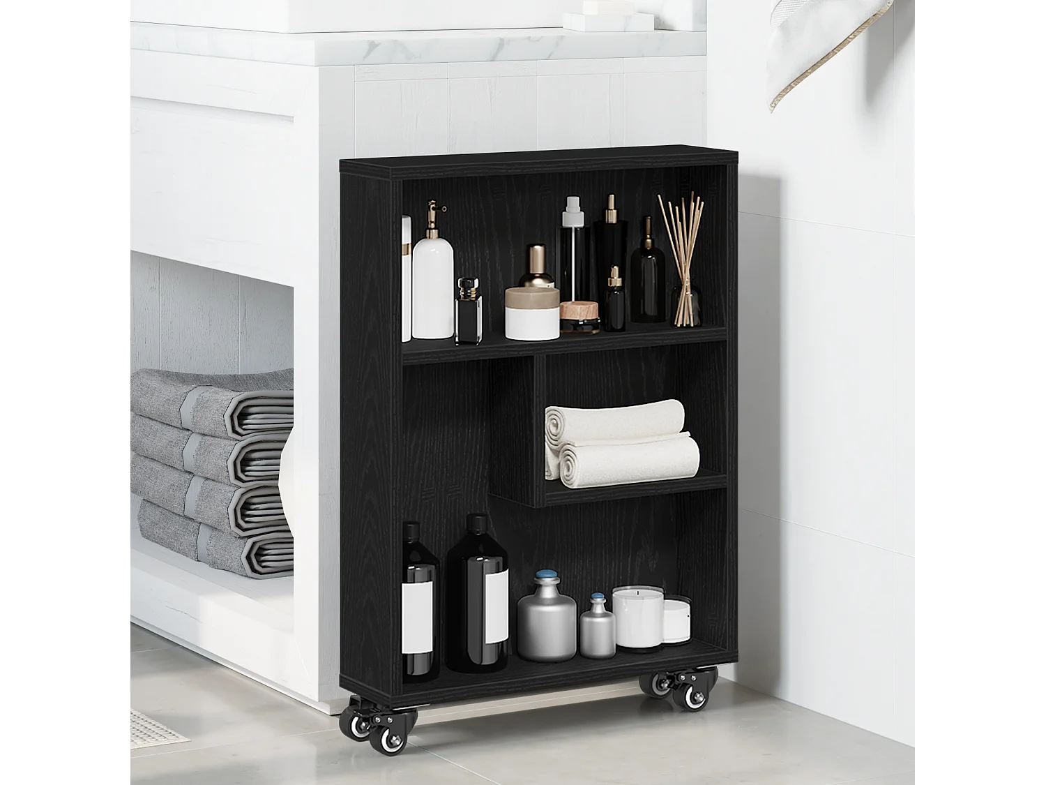 Chariot de rangement étroit Chêne noir 48x13x68 cm Bois d'ingénierie