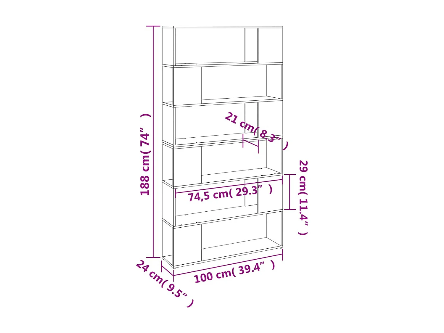 Sonoma Grijze Boekenkast/Kamerverdeler 100x24x188 cm