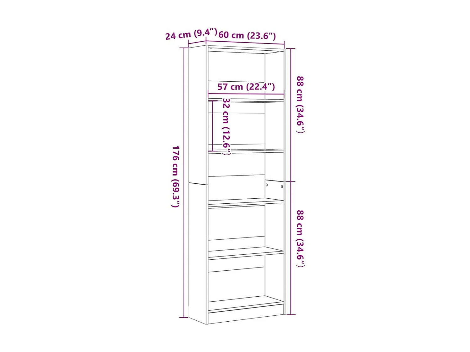 Bibliothèque en Chêne Noir - 60 x 24 x 176 cm, Bois Ingénieré