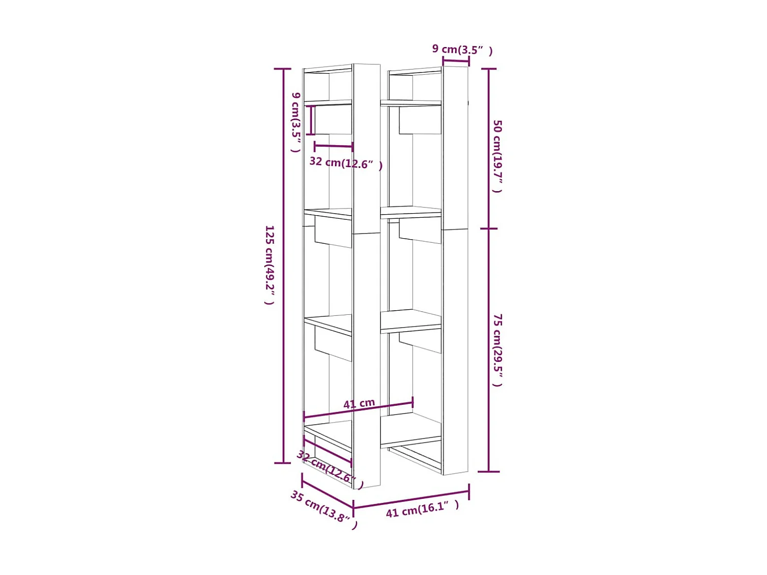 Librería/Bifurcador de ambientes blanco 41x35x125 cm Pino macizo