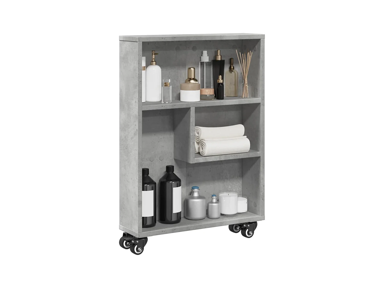 Betongrijze, smalle opbergwagen van bewerkt hout