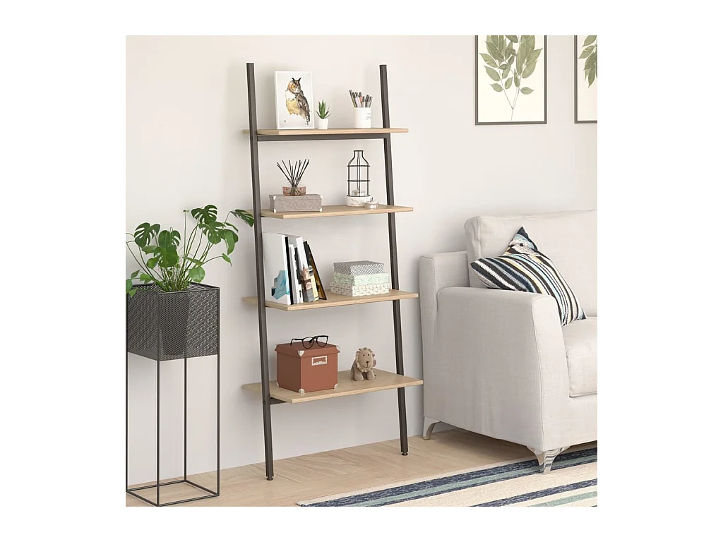 Mensola inclinata a 4 ripiani marrone chiaro e nero 64x34x150,5 cm