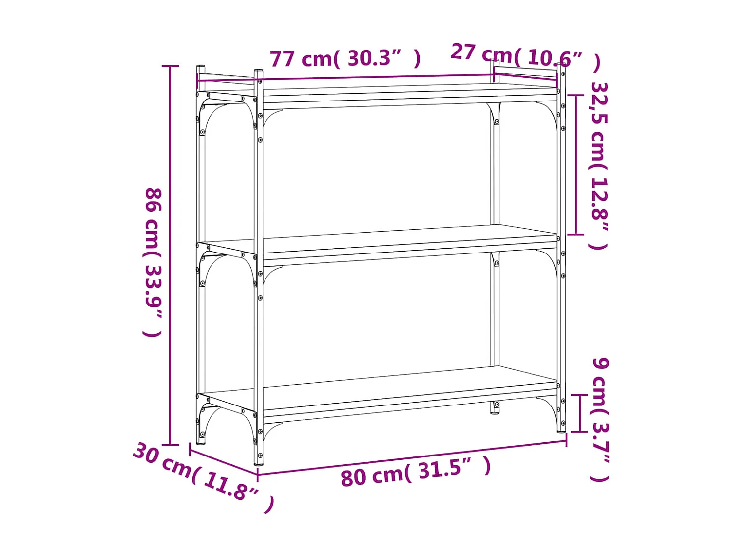 Bücherregal mit 3 Ebenen, Sonoma-Grau, 80 x 30 x 86 cm, Holzwerkstoff
