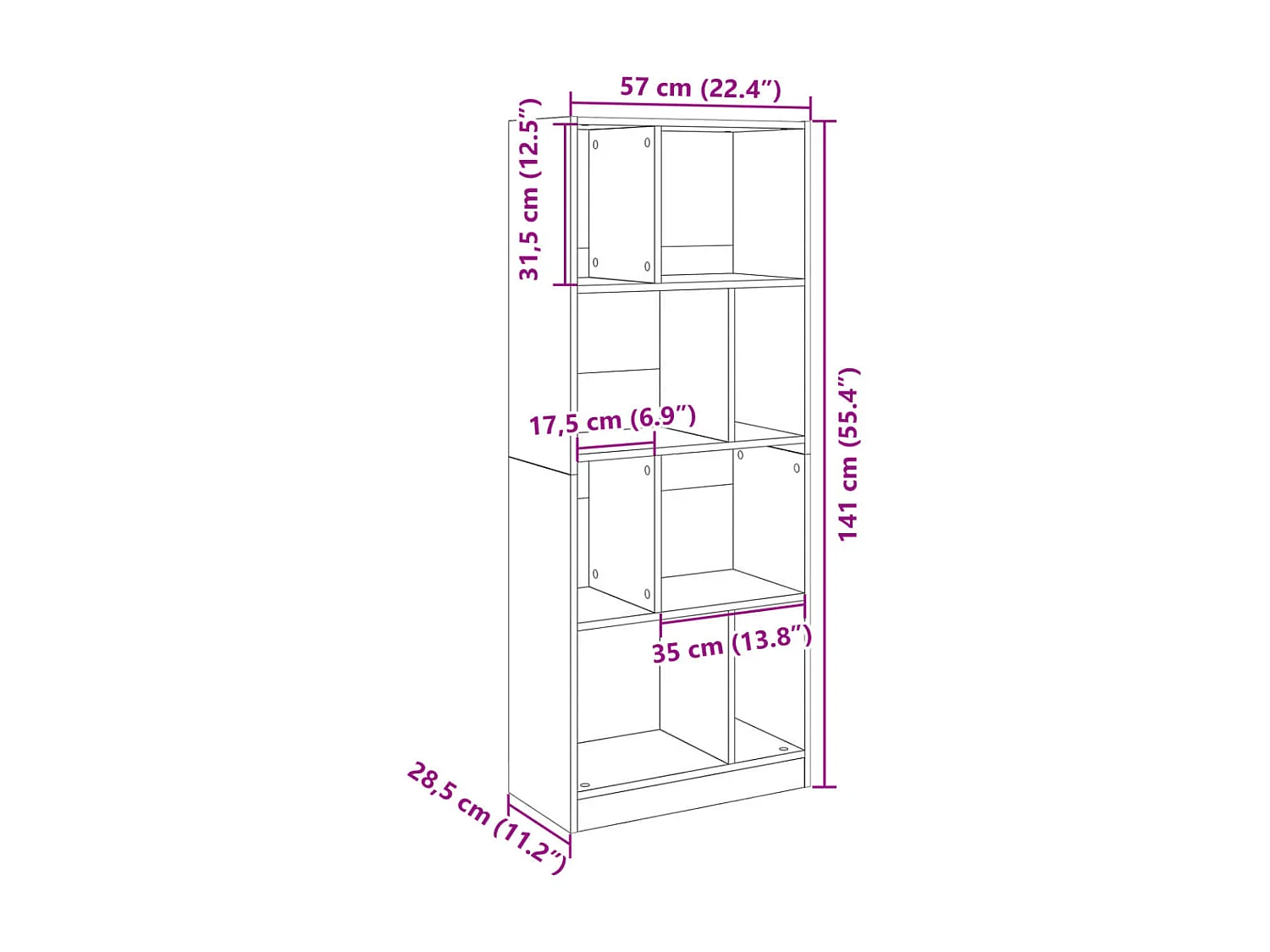Weißes Bücherregal 57x28,5x141 cm Holzwerkstoff