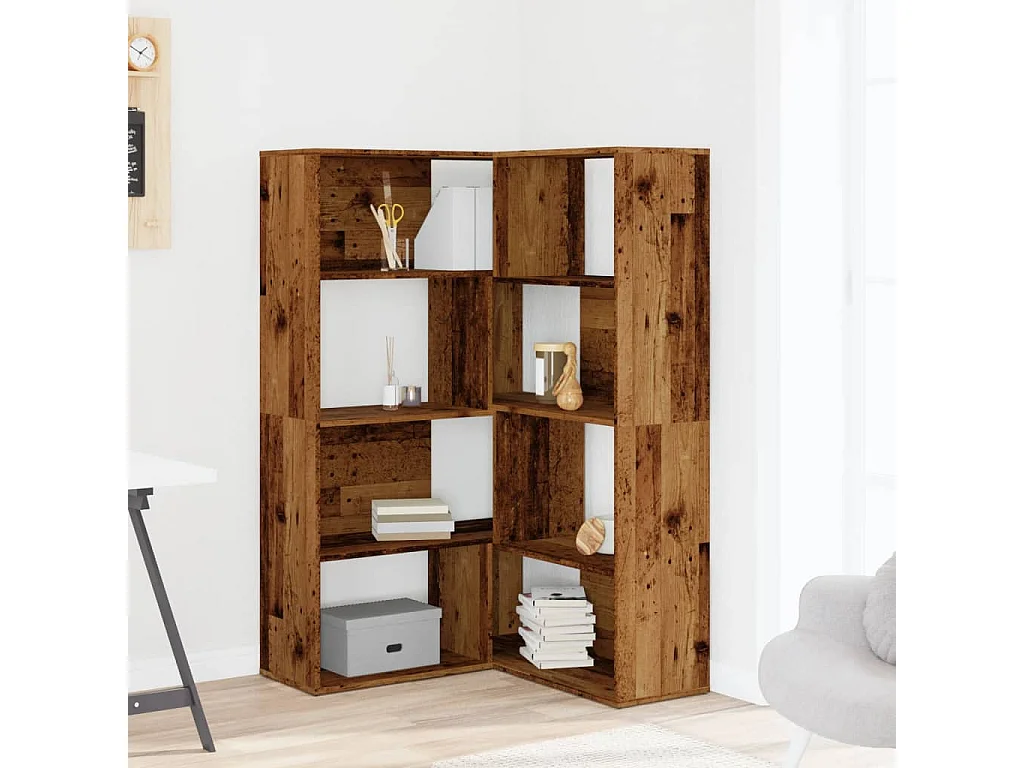 Libreria angolare a 4 ripiani in legno di recupero e legno ingegnerizzato