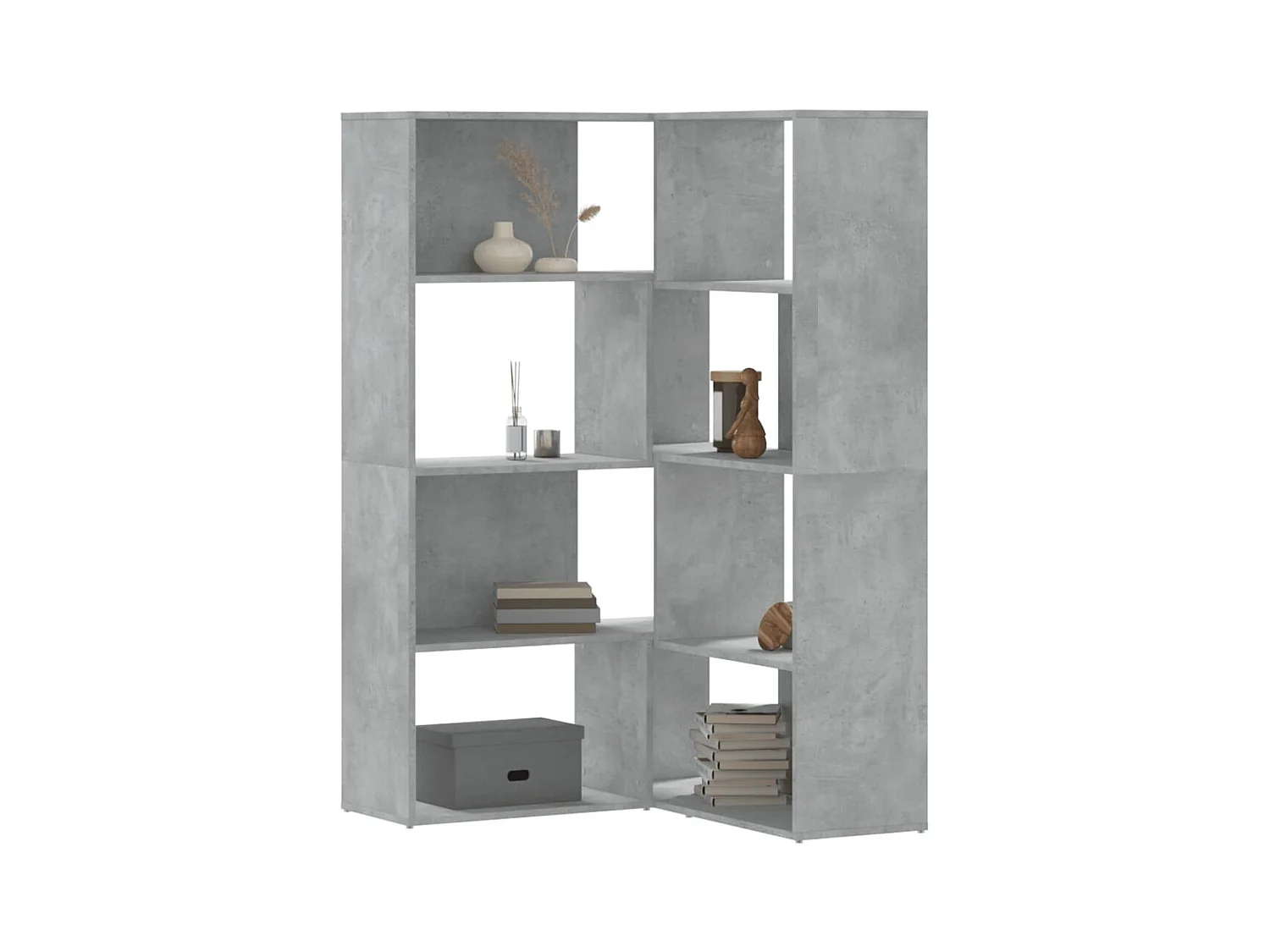 Betongrijze 4-laags hoekboekenkast van bewerkt hout